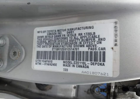 2001 Toyota Corolla Le z USA, uszkodzony, nr VIN 2T1BR12E61C514701